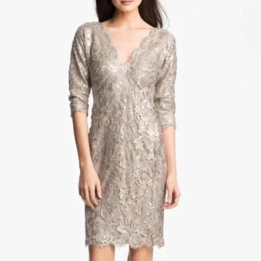 tadashi shoji  NWT // Beige Sand Taupe Sequin V Neck Dress 8